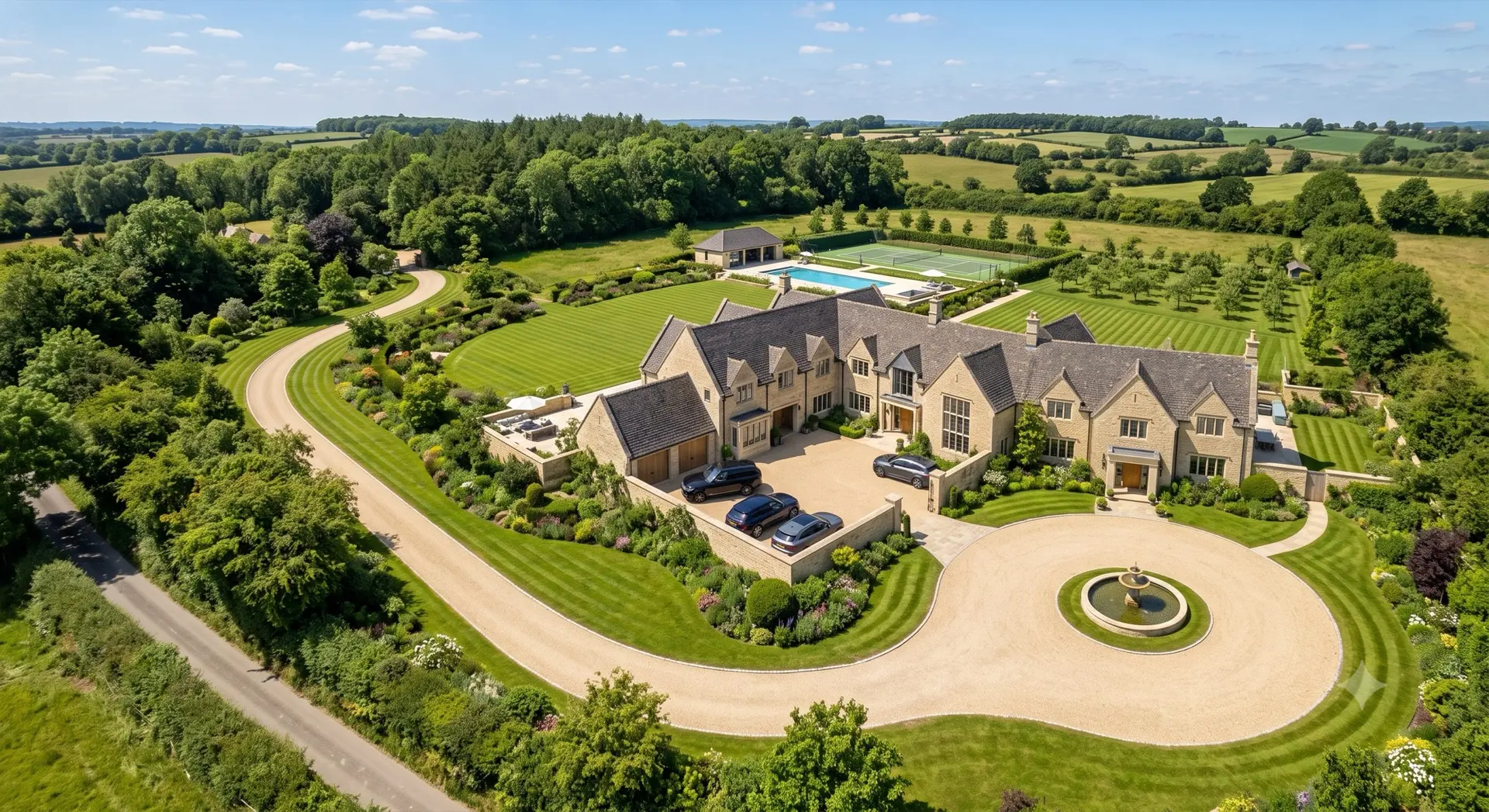 Aerial view of a substantial period property with landscaped grounds, pool and tennis court in London & Essex